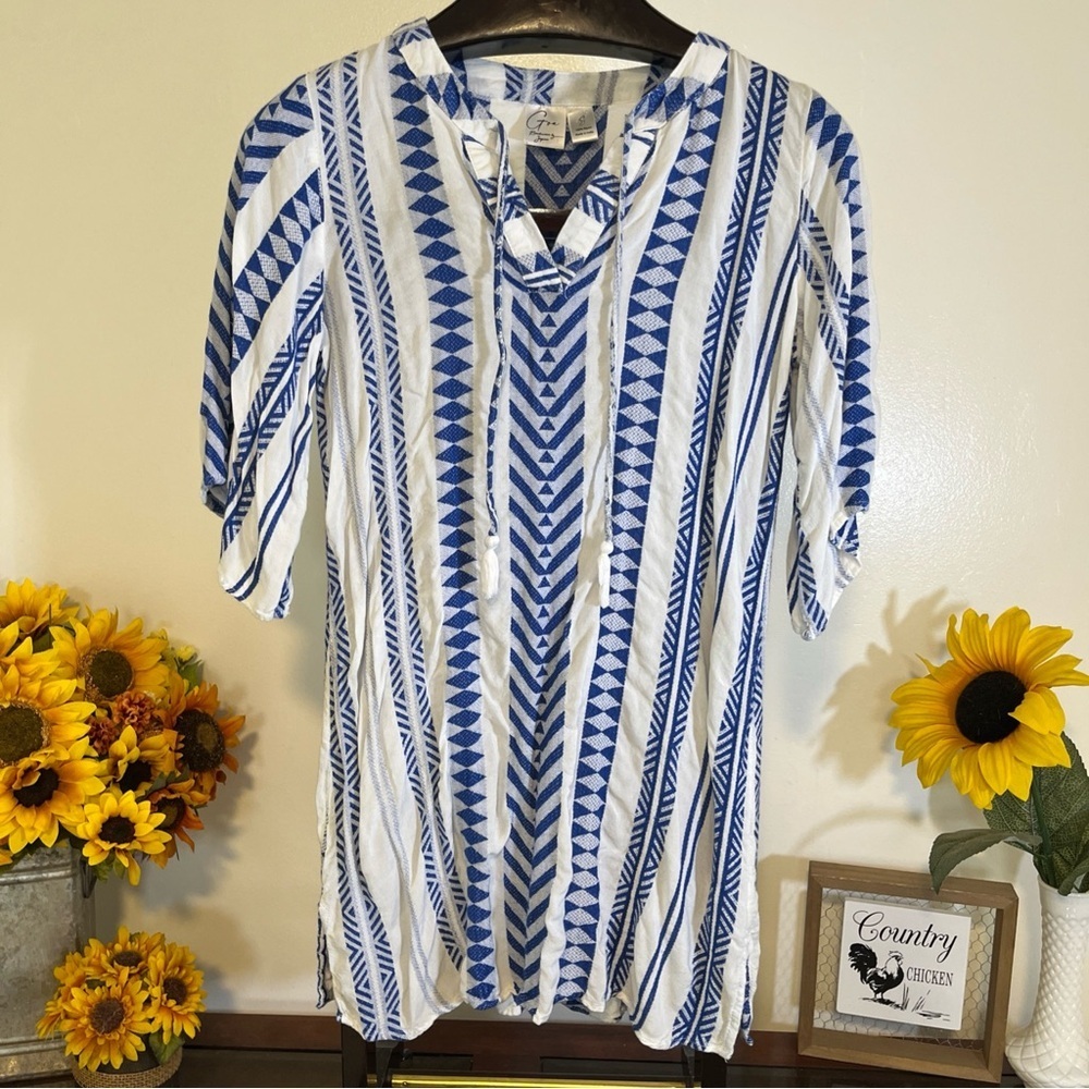Blue and White Geometric Swim Coverup
